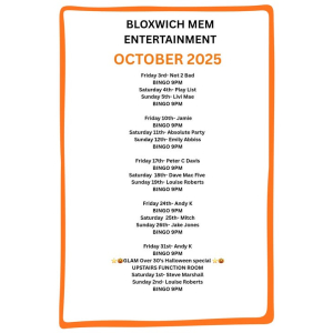 Entertainment for October at Bloxwich Memorial Club Walsall