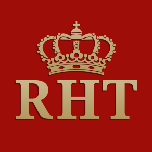Logo of The Royal Hippodrome Theatre Eastbourne with gold crown and initials RHT on red background