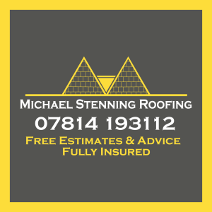 Logo of Michael Stenning Roofing with yellow roof outline, phone number, and service details on dark background, Eastbourne