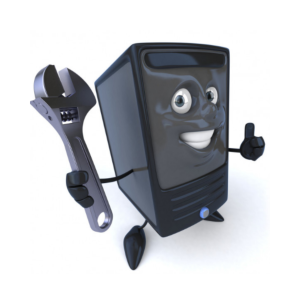 Cartoon computer mascot holding a wrench, representing AP-it IT services in Eastbourne