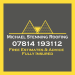 Logo of Michael Stenning Roofing with yellow roof outline, phone number, and service details on dark background, Eastbourne