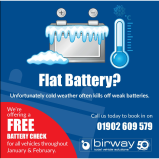 FREE Battery check throughout January and February at Birway Garage Ltd