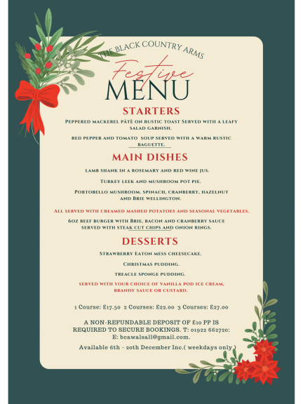 Festive Menu From The Black Country Arms 