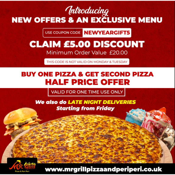 £5 Discount when ordering online at Mr. Grill Pizza and Peri Peri