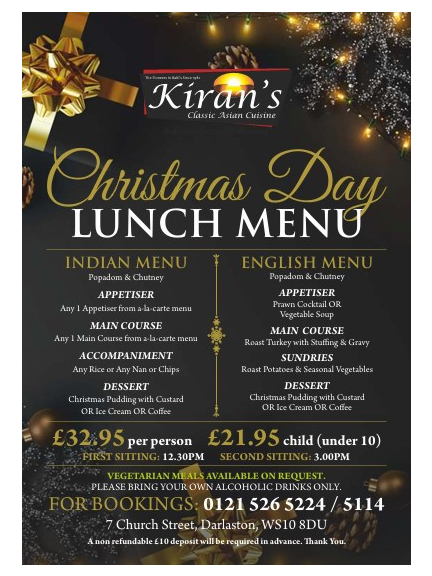 Christmas Day Lunch only £32.95 per person at Kiran's Balti