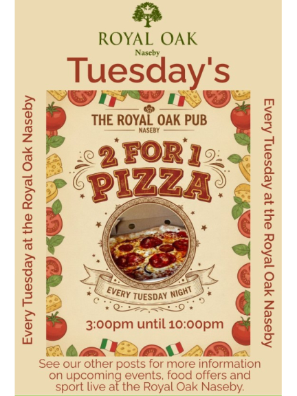 Tuesday's Its 2 for 1 on All Pizza.