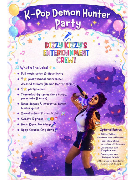 K Pop Demon Hunters Party Package by Dizzy Kizzy Entertainer