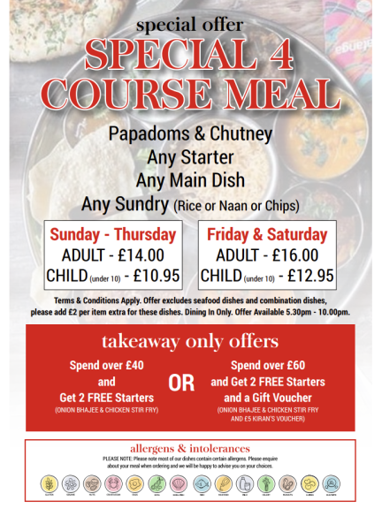 FOUR COURSE MEAL - FROM JUST £14.00 AT KIRAN'S BALTI DARLASTON