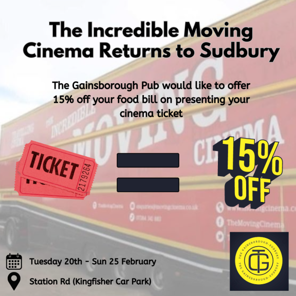 15% off your food bill when visiting the Incredible Moving Cinema