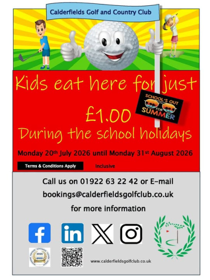 Kids Eat for Just £1 This Summer at Calderfields Golf & Country Club!