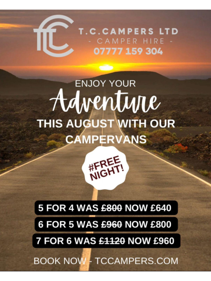 AUGUST ADVENTURE OFFER – FROM T.C. CAMPERS NEAR LICHFIELD