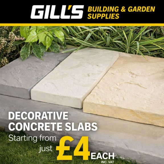 Decorative Concrete Garden Slabs starting from just £4 each (inc. VAT) at Gills Building Supplies.