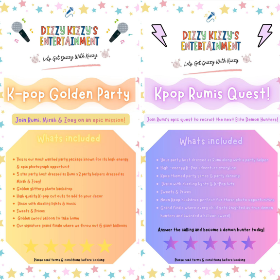 K Pop Demon Hunters Party Packages by Dizzy Kizzy Entertainer