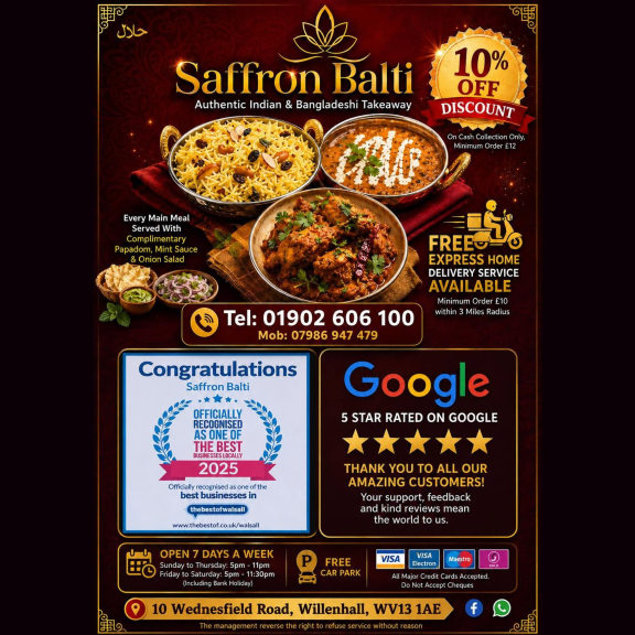 10% OFF all cash collection orders over £12 at Saffron Balti