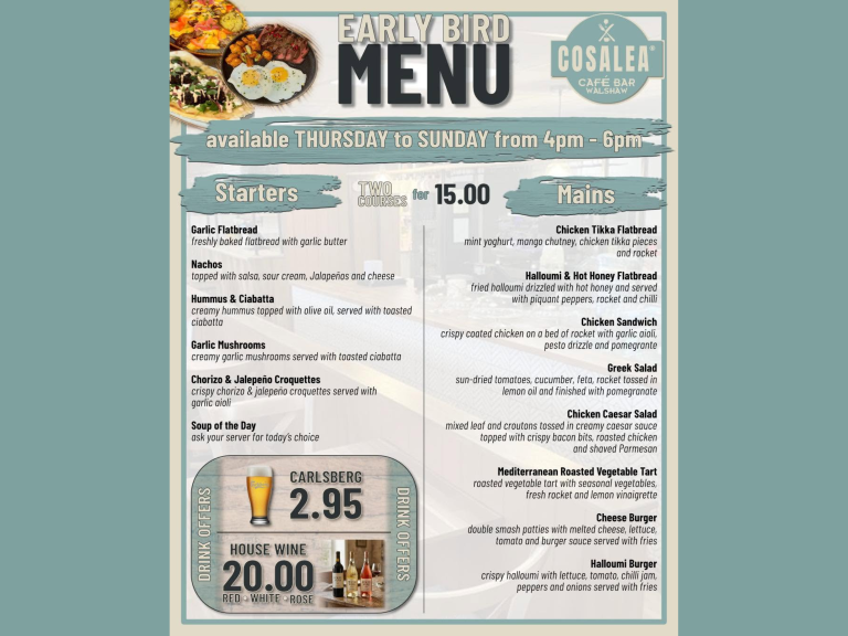 Early Bird Menu – 2 Courses for £15