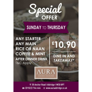 Indian Banquet Meal For £10.90 to Eat-In or Takeaway From Aura Indian Cuisine 