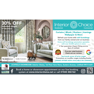 Save 30% on selected shutters at Interior Choice in Lichfield