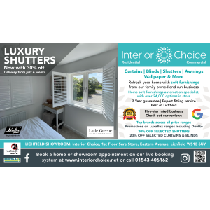 Save 30% on selected shutters at Interior Choice in Lichfield