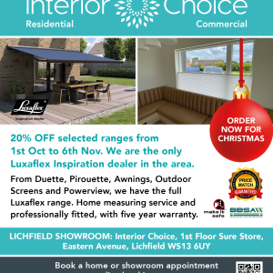Save 20% on Luxaflex Blinds, Awnings & Automated Window Treatments with Interior Choice Lichfield