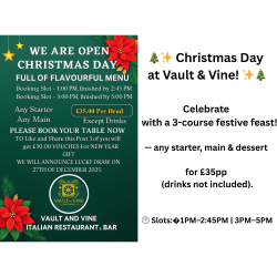 Christmas Day Offer at Vault & Vine (Italian) Restaurant